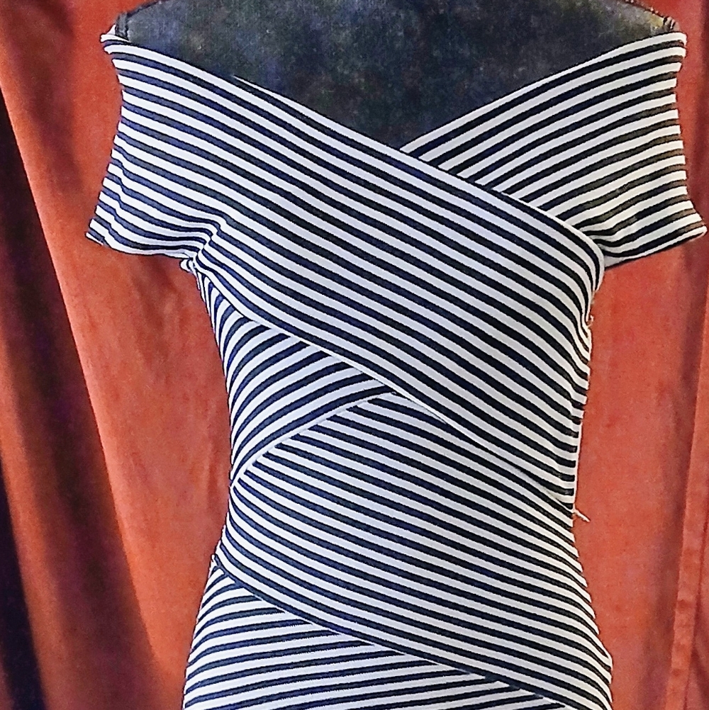 Elegant Black and White Striped Off-Shoulder Dress XOXO
